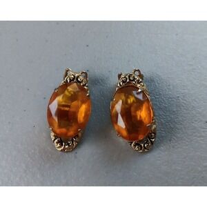 Elegant Amber Glass Stone Earrings Vintage Jewelry‎ Retro Clip On Romantic